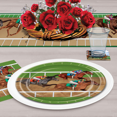 Horse racing 9 inch disposable paper plates fanned out for Derby party table setup