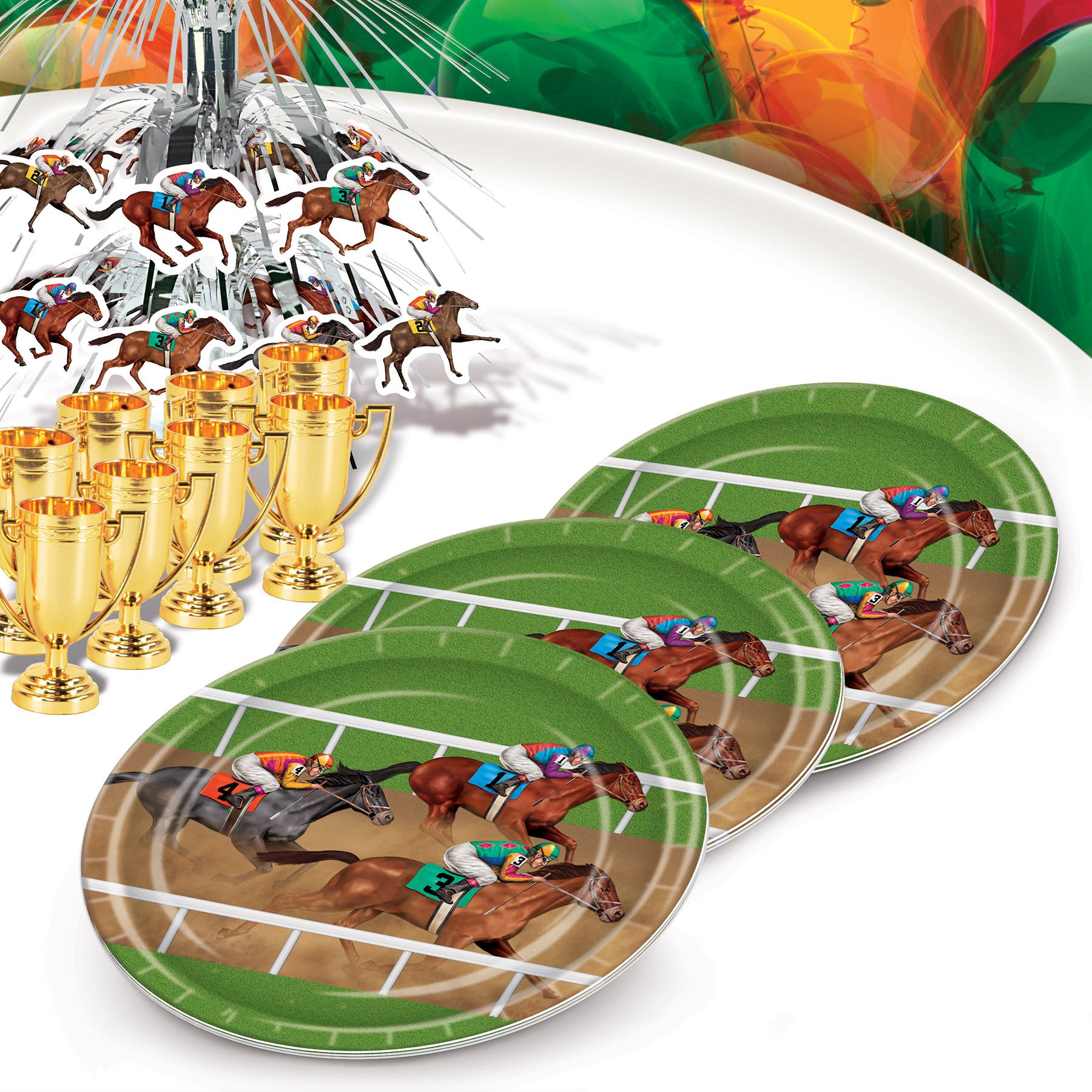 Horse racing themed paper plates holding party food for a Derby celebration