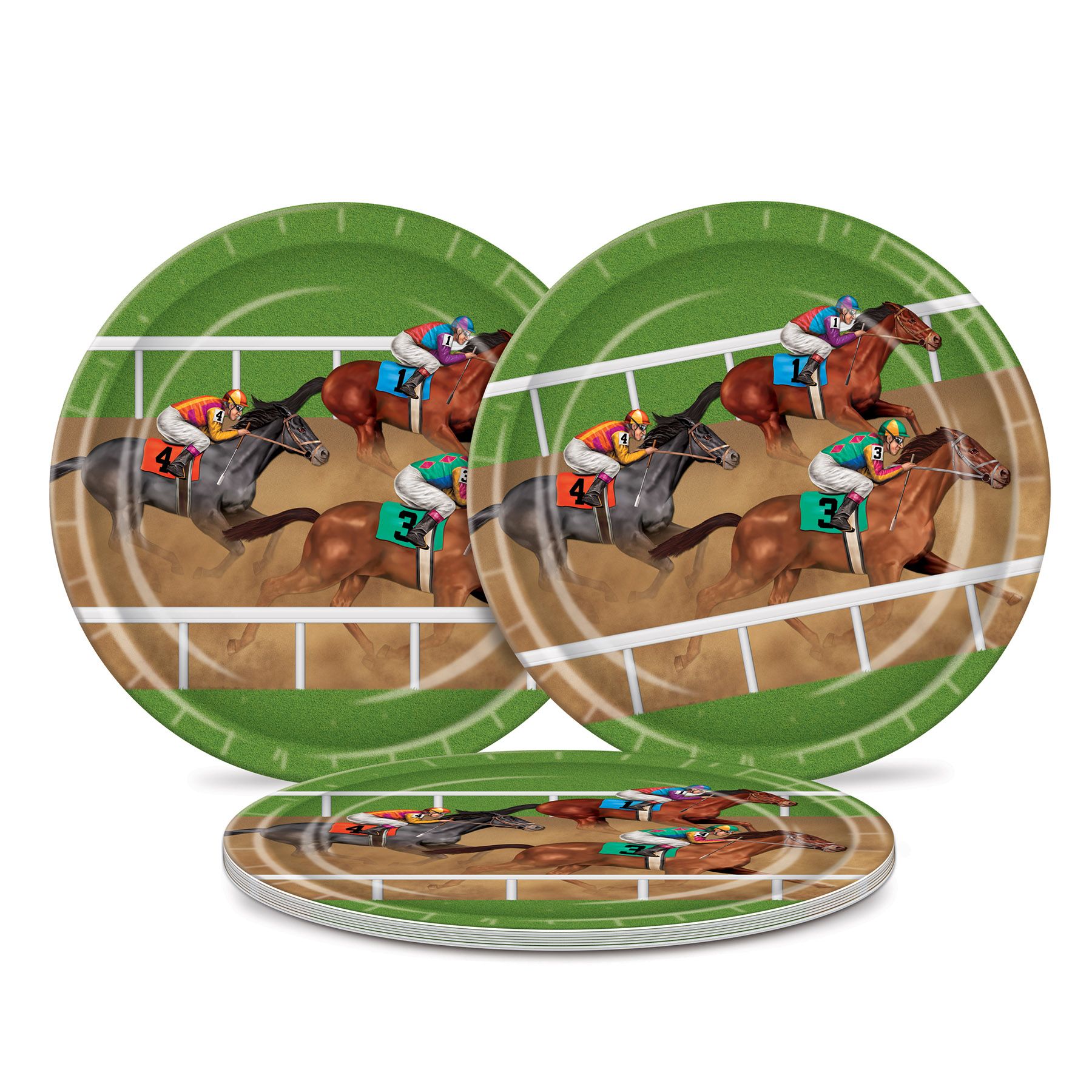 Horse racing 9 inch disposable paper plates displayed