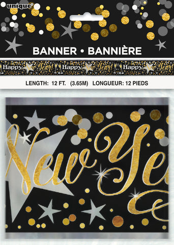 Foil Glittering New Year Banner 12 ft – Happy New Year Party Decoration, Holiday Celebration Banner