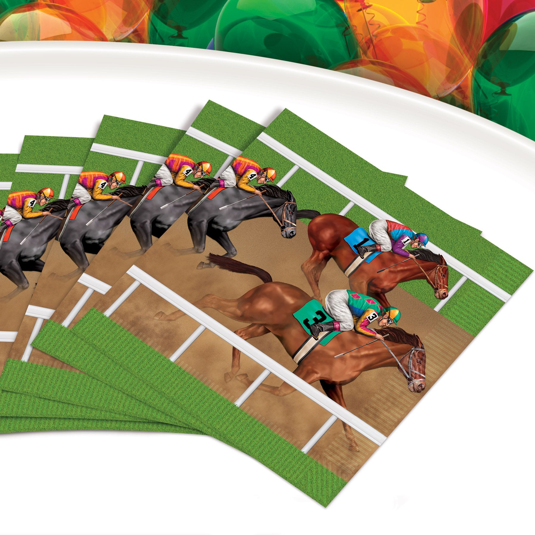 Horse racing luncheon napkins 16 count fanned out to show decorative race-day design