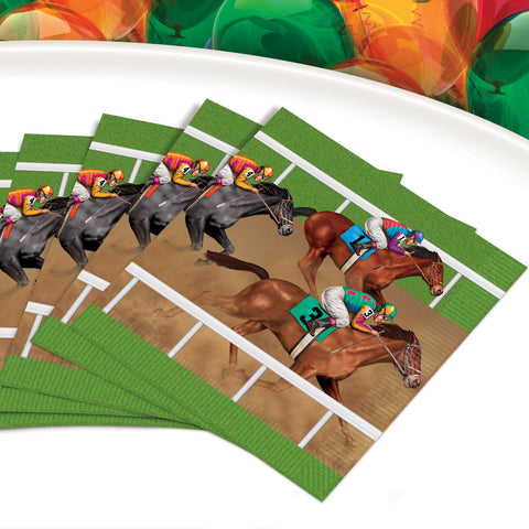 Horse racing luncheon napkins 16 count fanned out to show decorative race-day design