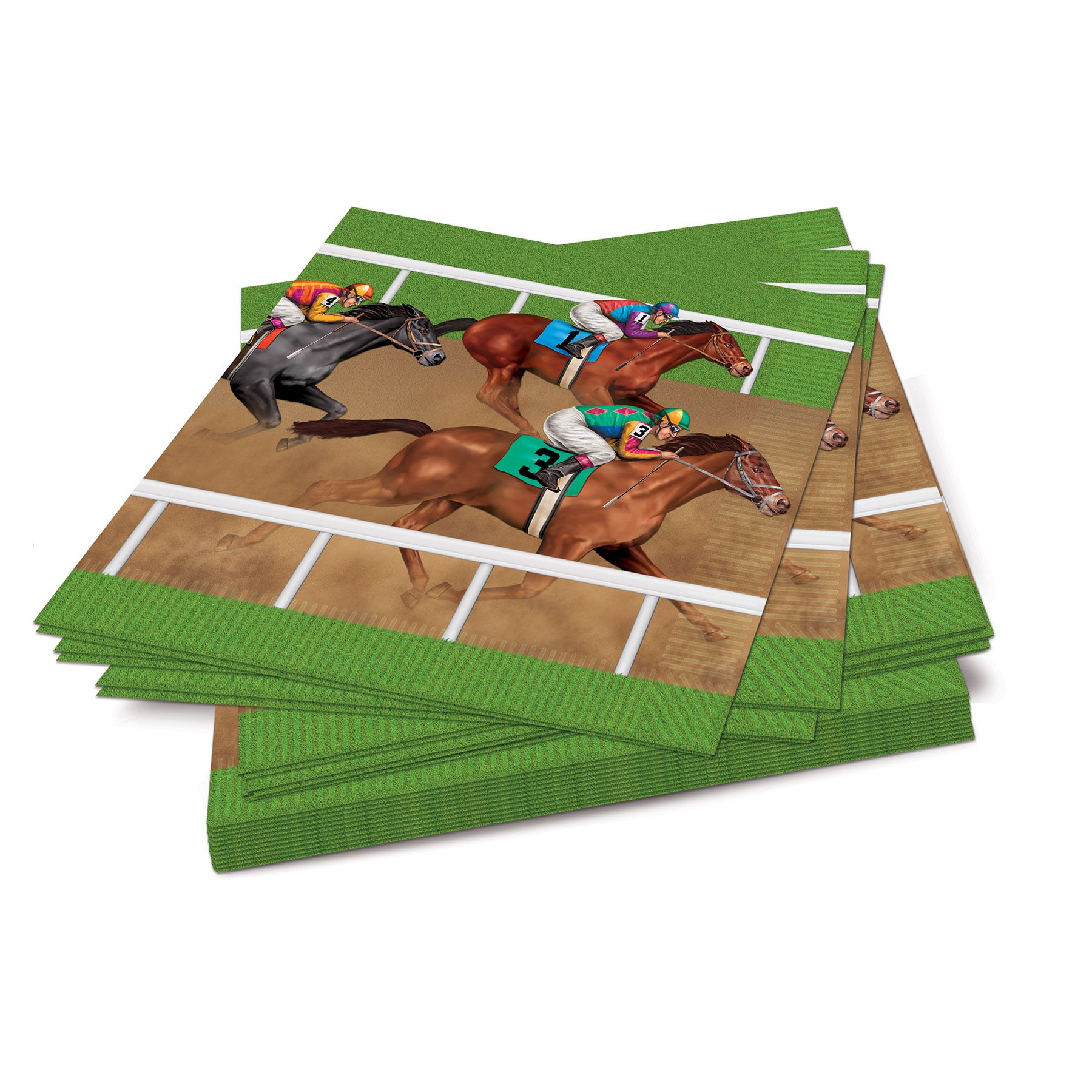 Stacked horse racing luncheon napkins made from decorative disposable paper