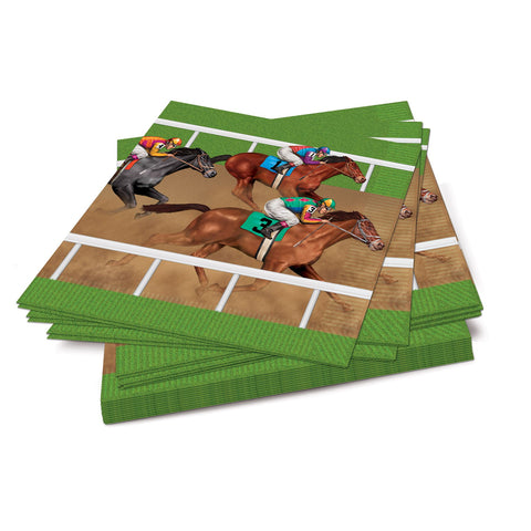 Stacked horse racing luncheon napkins made from decorative disposable paper