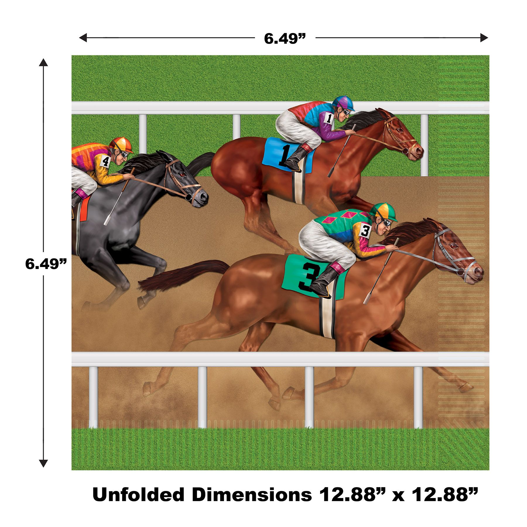 Horse racing luncheon napkins showing size and dimensions for party table use
