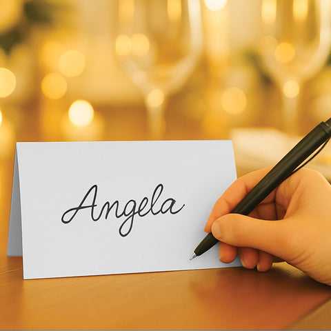 White tent place card showing 2 inch by 4 inch size displayed on table for guest seating cards with a pen in hand showing relative size. 