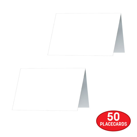 White placecards with a red Bulbble with the caption " 50 Placards" on a white background