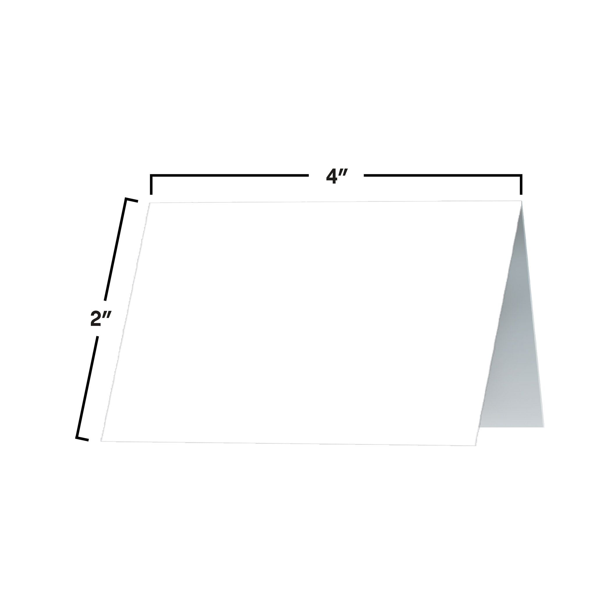 White tent place card showing 2 inch by 4 inch size dimensions.