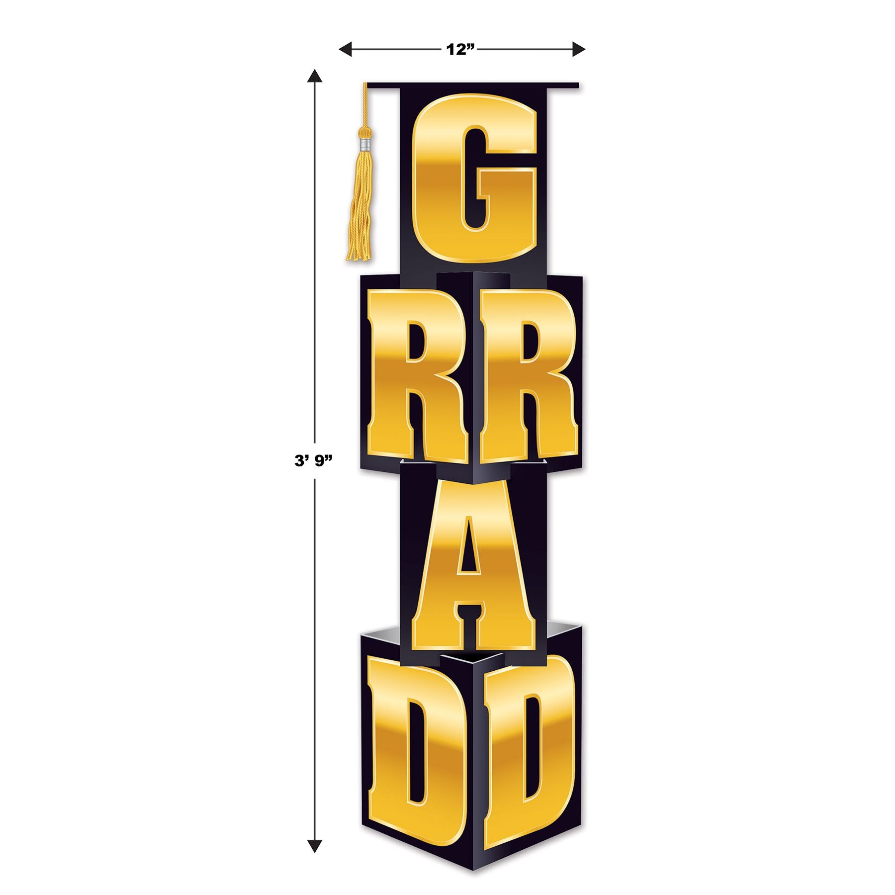 Graduation GRAD column decoration with measurement reference showing 3 foot 9 inch tall photo prop display