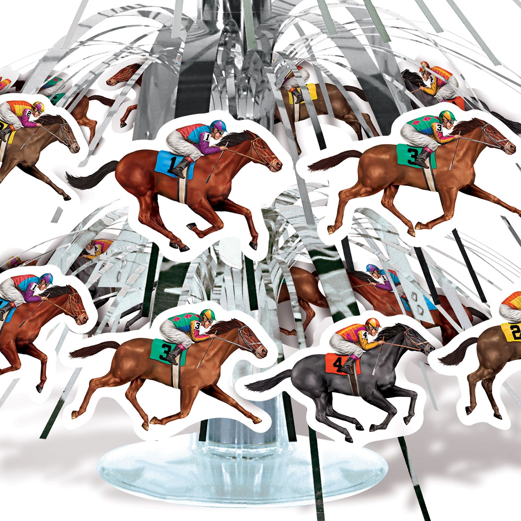 Close-up of horse racing mini cascade centerpiece with shiny plastic foil strands