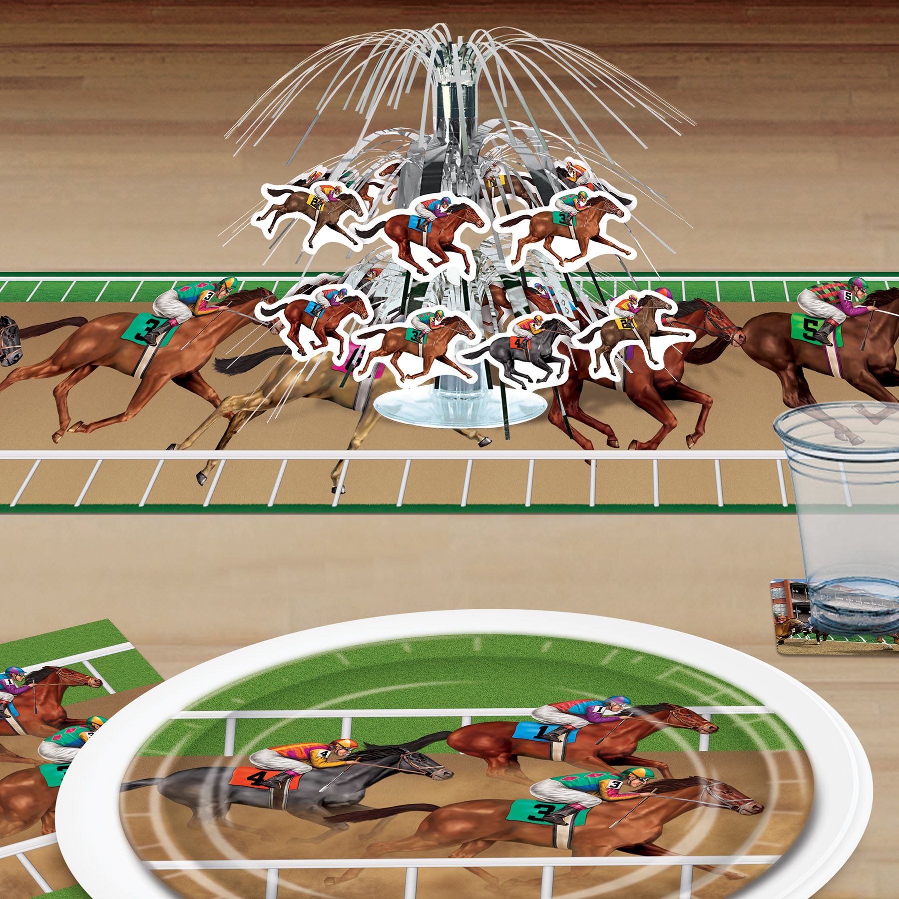 Horse racing mini cascade centerpiece used as table décor for Derby Day party