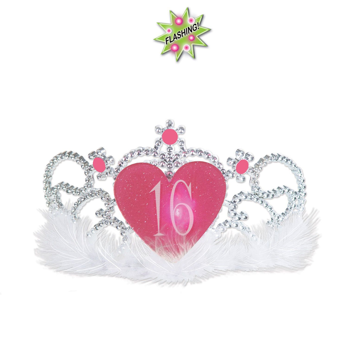 Sweet 16 Light-Up Tiara – LED Number “16” Crown with Faux Gems, Marabou Trim & Side Combs