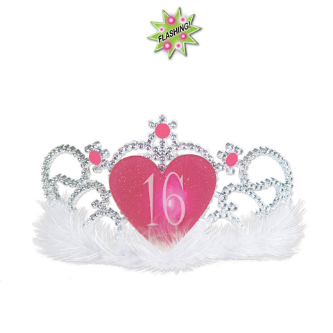 Sweet 16 Light-Up Tiara – LED Number “16” Crown with Faux Gems, Marabou Trim & Side Combs