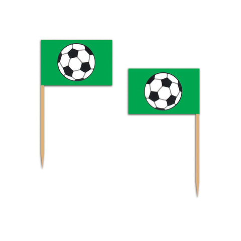 Soccer ball party picks with green background and double-sided print, 2.5 inch cupcake and appetizer decoration picks 50 count available near Manahawkin, NJ