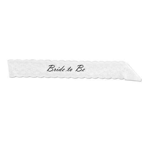 Bride To Be Lace Sash – White Lace with Black Script, 28.5" x 4" | Elegant Bachelorette & Bridal Shower Accessory