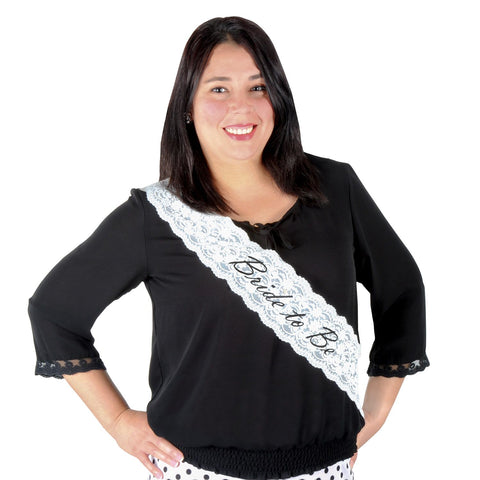 Bride To Be Lace Sash – White Lace with Black Script, 28.5" x 4" | Elegant Bachelorette & Bridal Shower Accessory