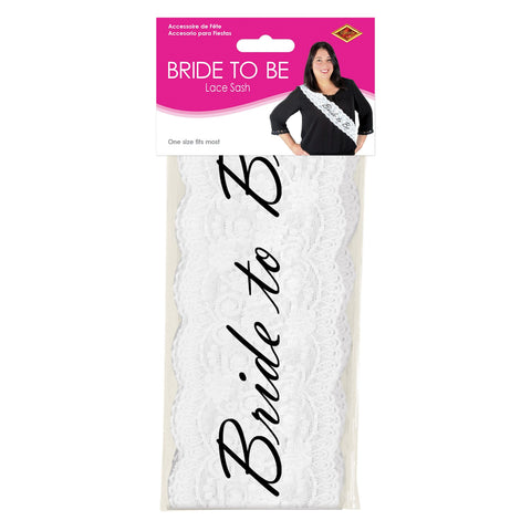 Bride To Be Lace Sash – White Lace with Black Script, 28.5" x 4" | Elegant Bachelorette & Bridal Shower Accessory