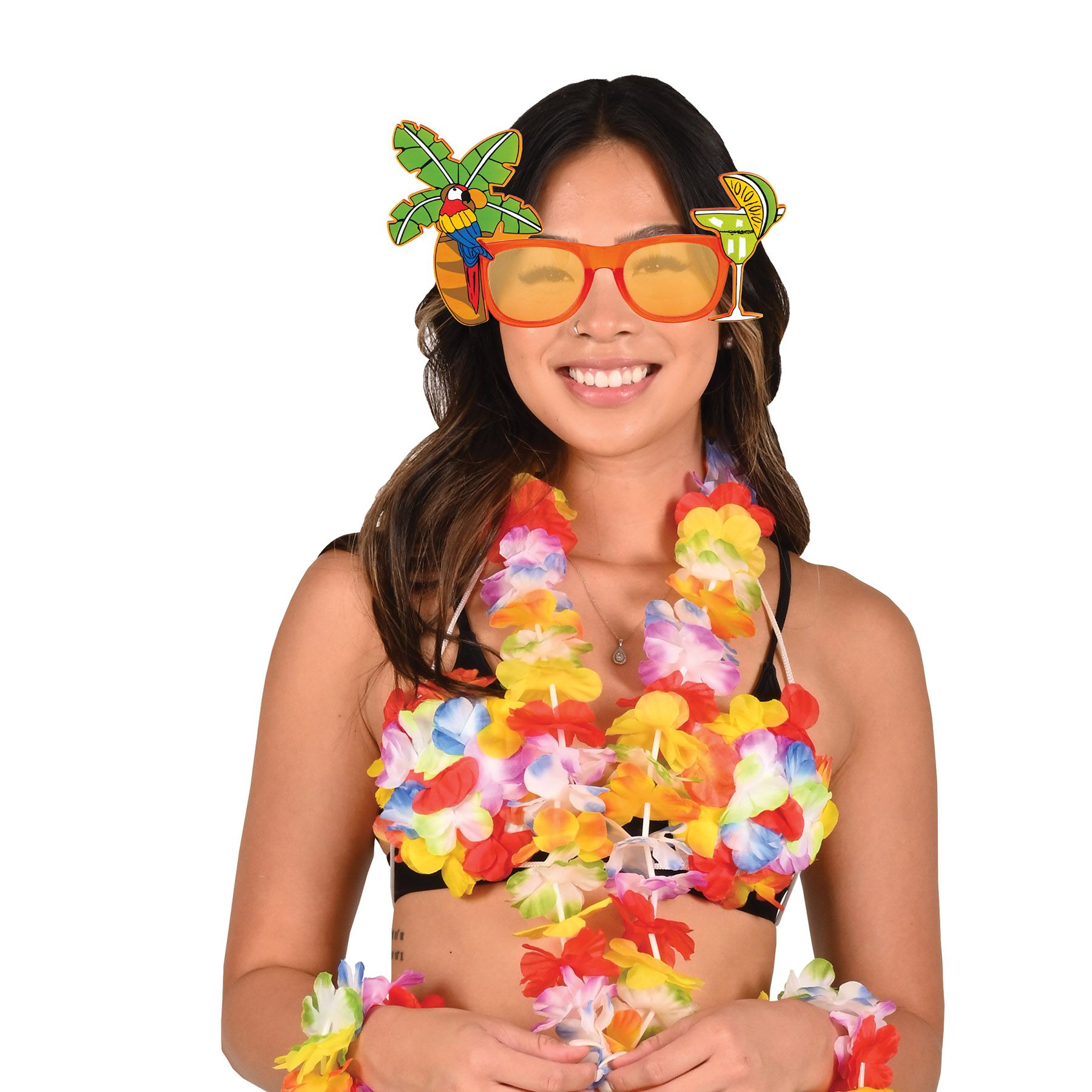 Fun tropical glasses being worn