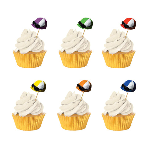 Close up of colorful jockey helmet picks used for appetizers and desserts 