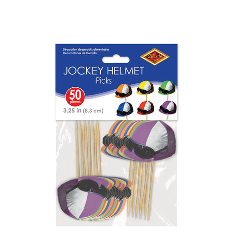 Retail packaging of jockey helmet 3.25 inch party picks 50 per package assorted colors