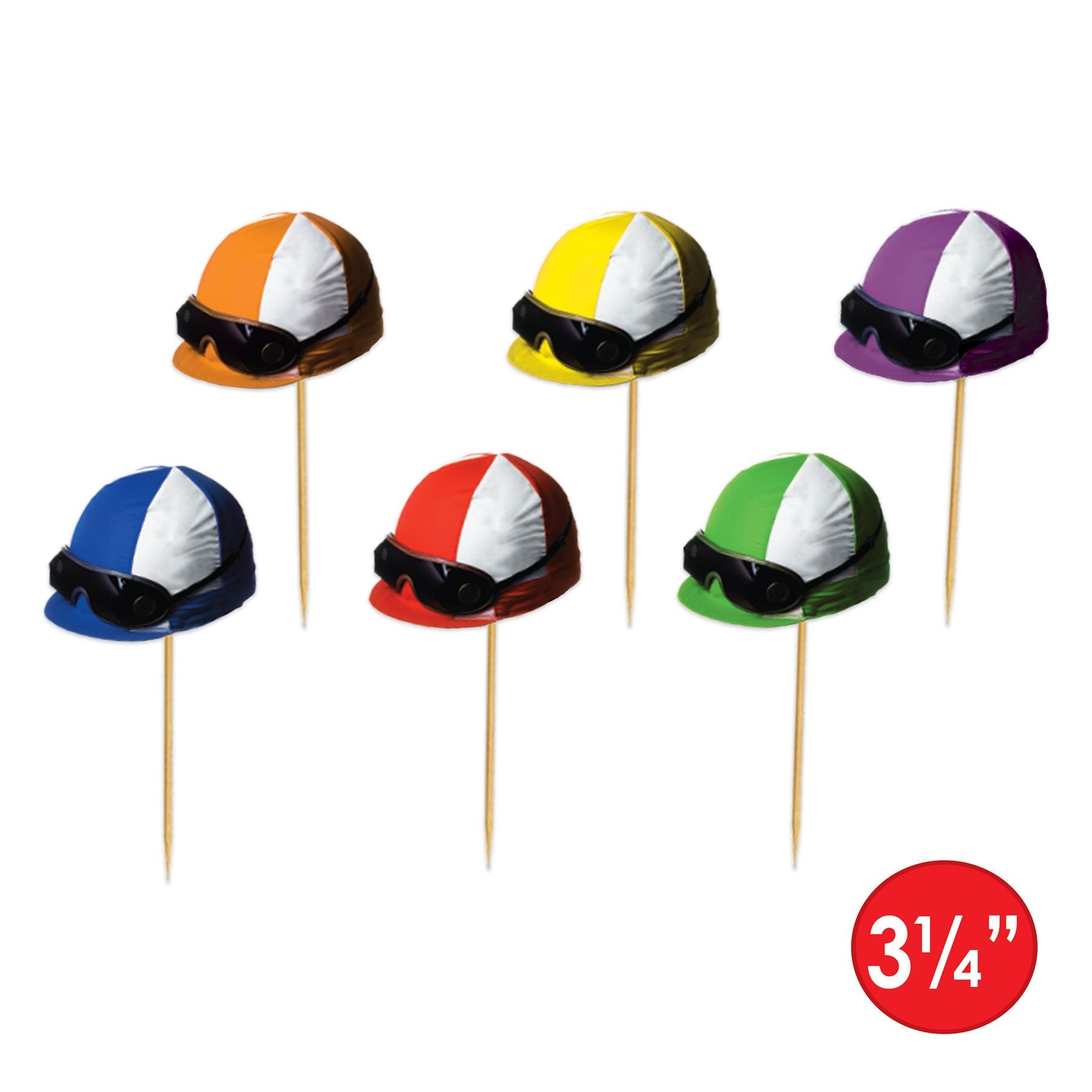 Colorful jockey hats with sunglasses on toothpicks against a white background