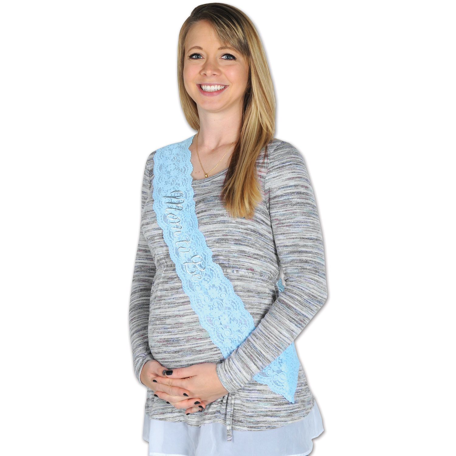 Mom To Be Blue Lace Sash – 28½" x 4" Baby Shower Accessory for Expecting Moms