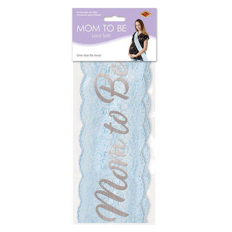 Mom To Be Blue Lace Sash – 28½" x 4" Baby Shower Accessory for Expecting Moms