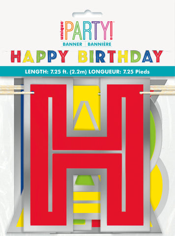 Silver Foil & Rainbow Happy Birthday Banner – 7.25 ft | Colorful Party Decoration for Kids & Adults
