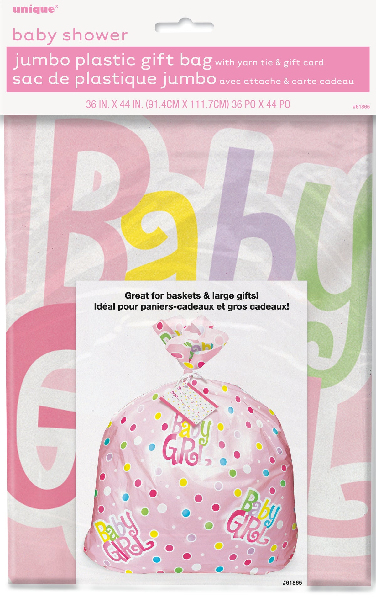 Baby Shower Gift Bag 44 x 36 in Manahawkin, NJ at Party Fair, showing a jumbo pink polka dot cellophane bag for large gifts