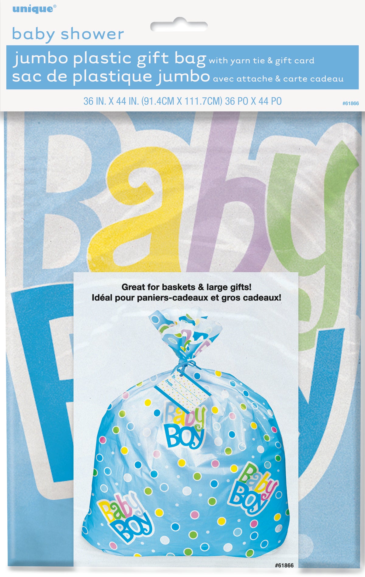 Baby Shower Gift Bag 44 x 36 in Manahawkin, NJ at Party Fair, showing a jumbo blue polka dot cellophane bag for large baby gifts