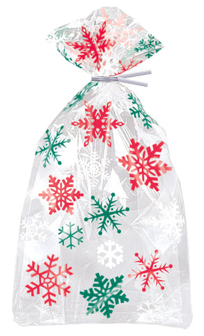 Cellophane Bags w/ Red & Green Snowflakes 20ct – Christmas Treat Bags, Holiday Party Favor Bags