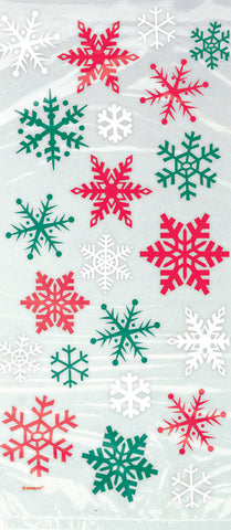 Cellophane Bags w/ Red & Green Snowflakes 20ct – Christmas Treat Bags, Holiday Party Favor Bags