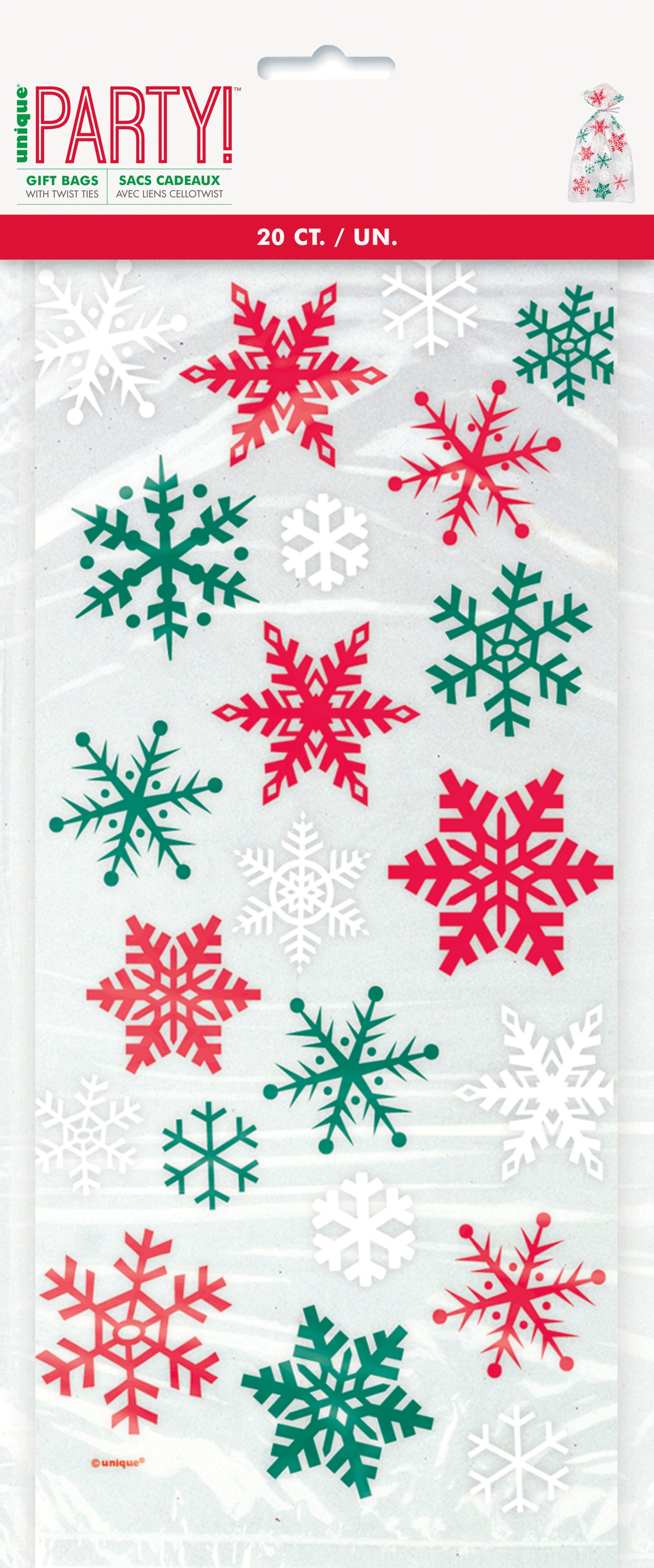 Cellophane Bags w/ Red & Green Snowflakes 20ct – Christmas Treat Bags, Holiday Party Favor Bags