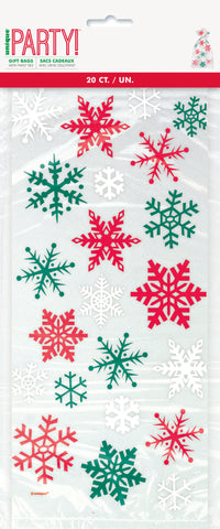 Cellophane Bags w/ Red & Green Snowflakes 20ct – Christmas Treat Bags, Holiday Party Favor Bags