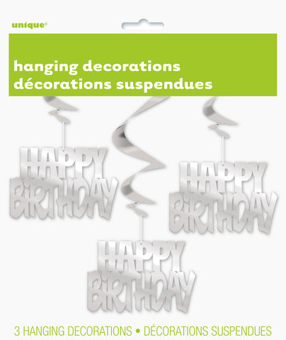 Silver 32" Foil  "Happy Birthday" Hanging Swirl Decorations 3ct