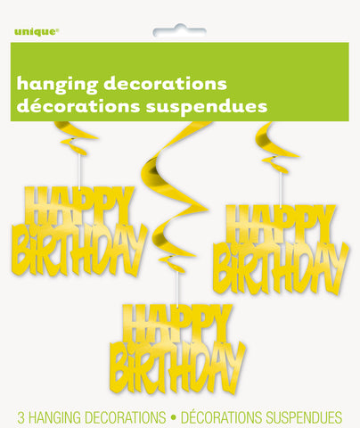 Gold 32" Foil  "Happy Birthday" Hanging Swirl Decorations 3ct