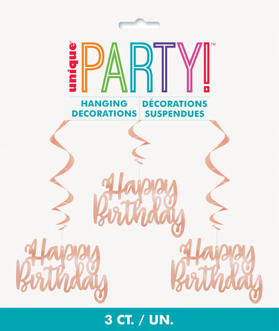 Rose Gold 32" Foil  "Happy Birthday" Hanging Swirl Decorations 3ct