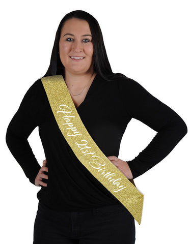 Happy "21st" Birthday Gold Glittered 32½" x 3½" Sash