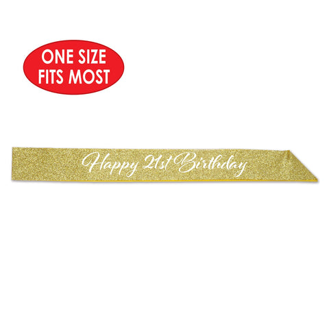 Happy "21st" Birthday Gold Glittered 32½" x 3½" Sash