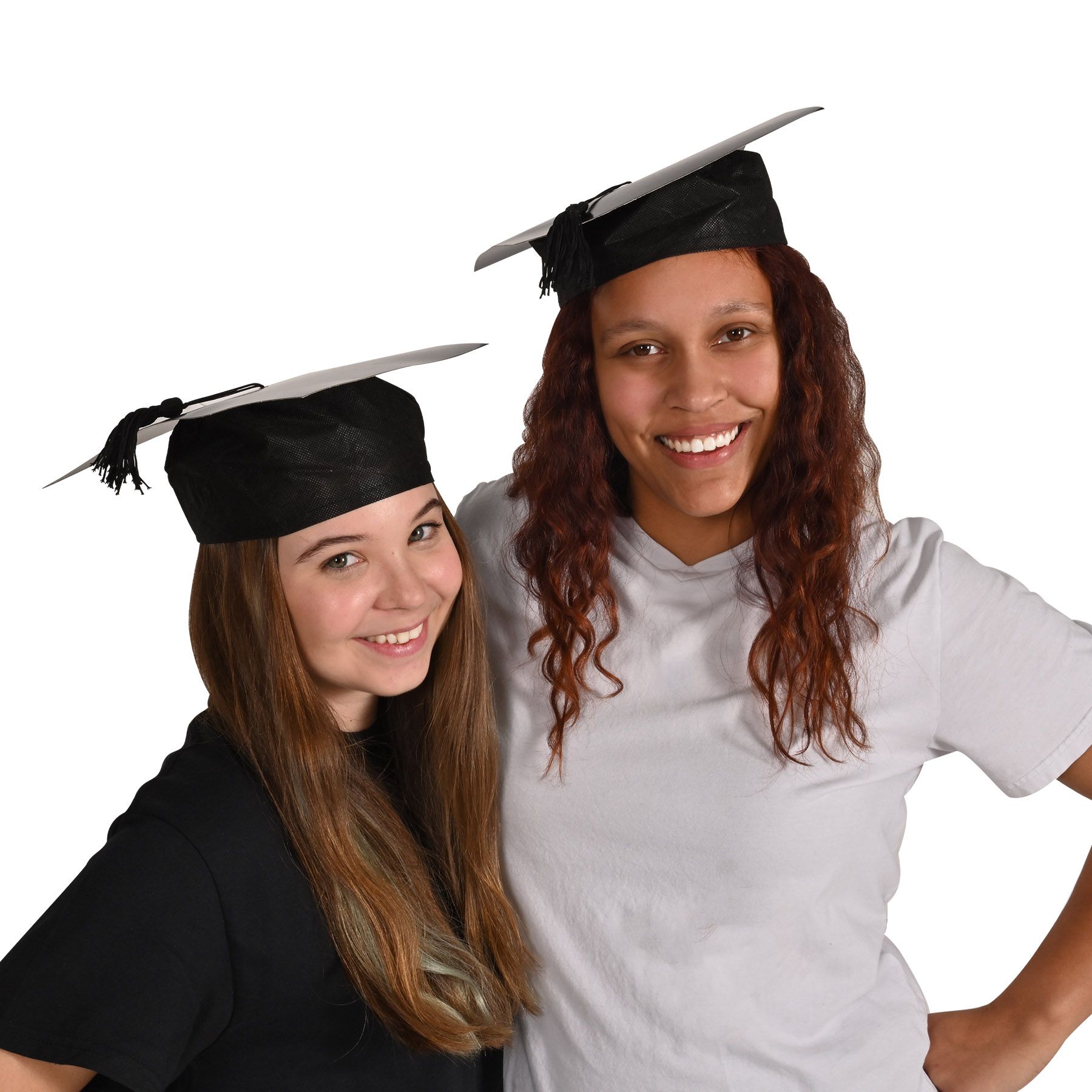 Two women wearing the Black graduation cap hat,  a wearable party accessories for graduation celebrations.