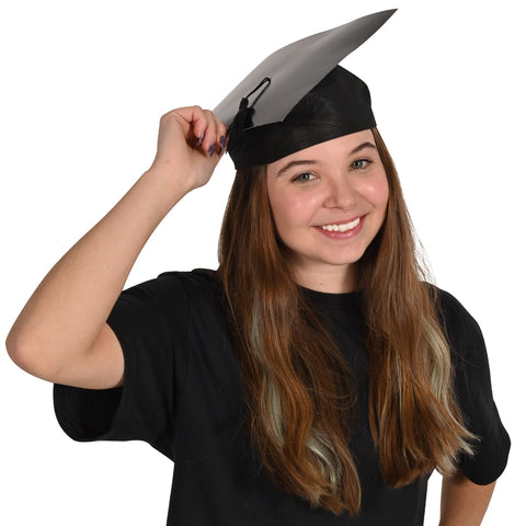 Person wearing the Black graduation cap hat, a  wearable party accessories for graduation celebrations. 