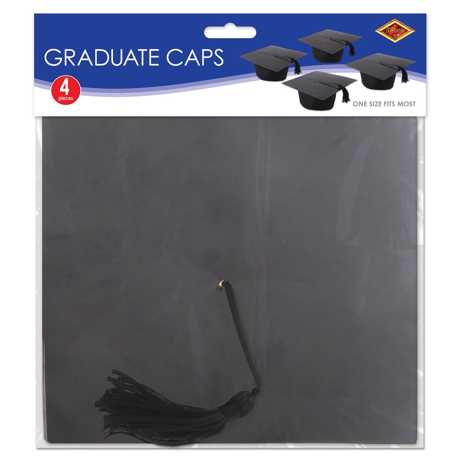 Black graduation cap hats four count pack shown in retail packaging for graduation party supplies
