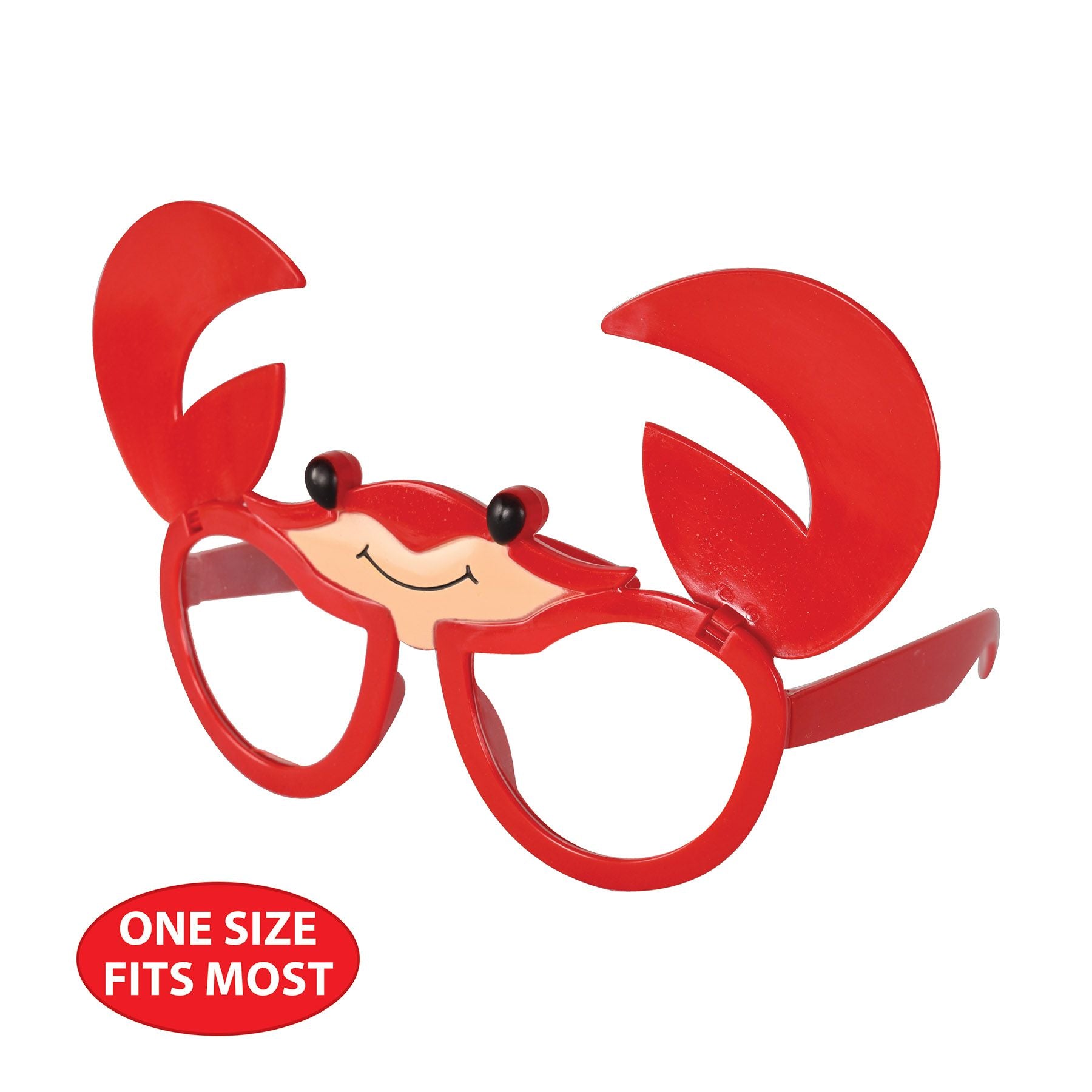 Red crab-shaped eyeglasses with claws open and OneSize Fits Most tag