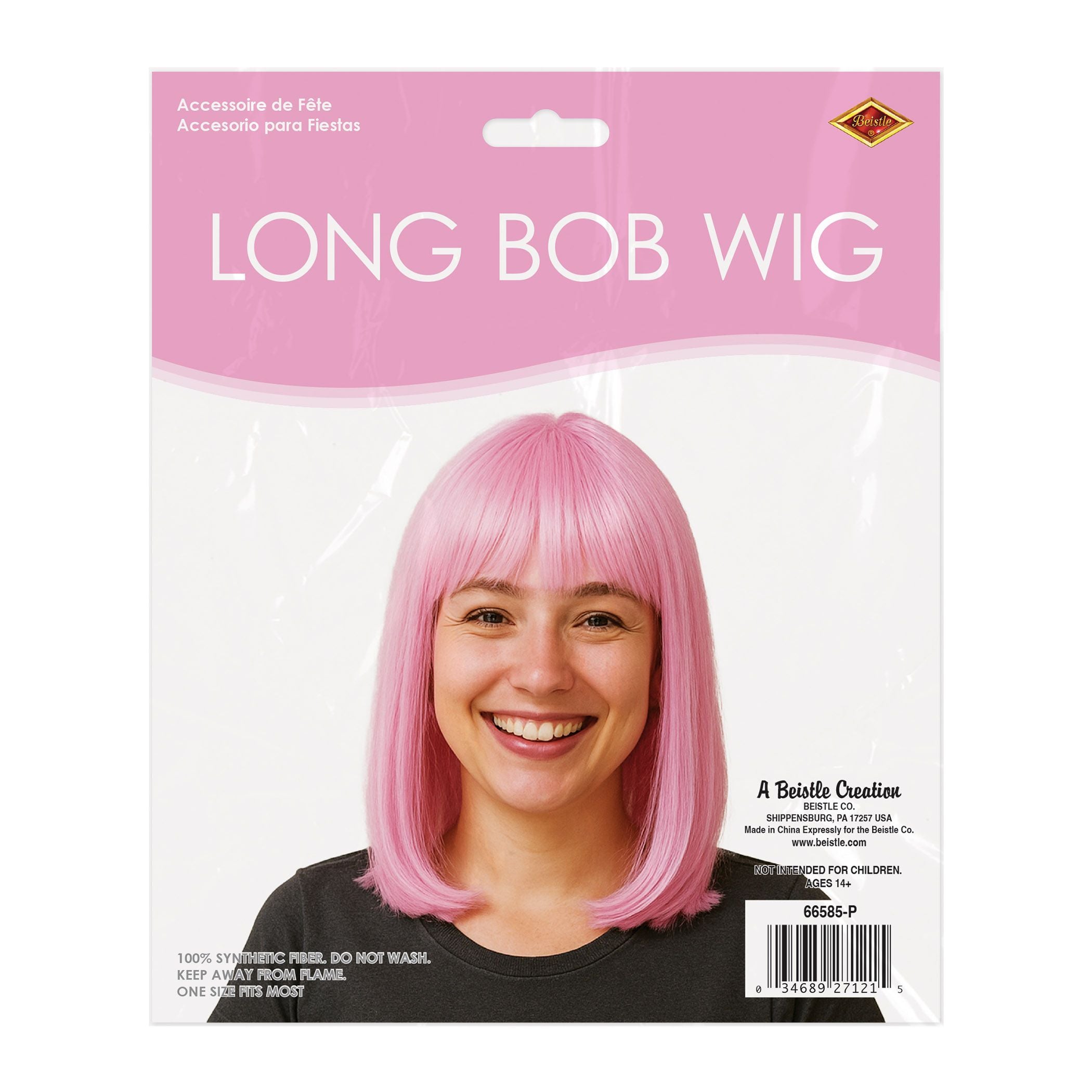 Bright pink long bob wig shown inside retail packaging ready for costume parties and events in Manahawkin, NJ