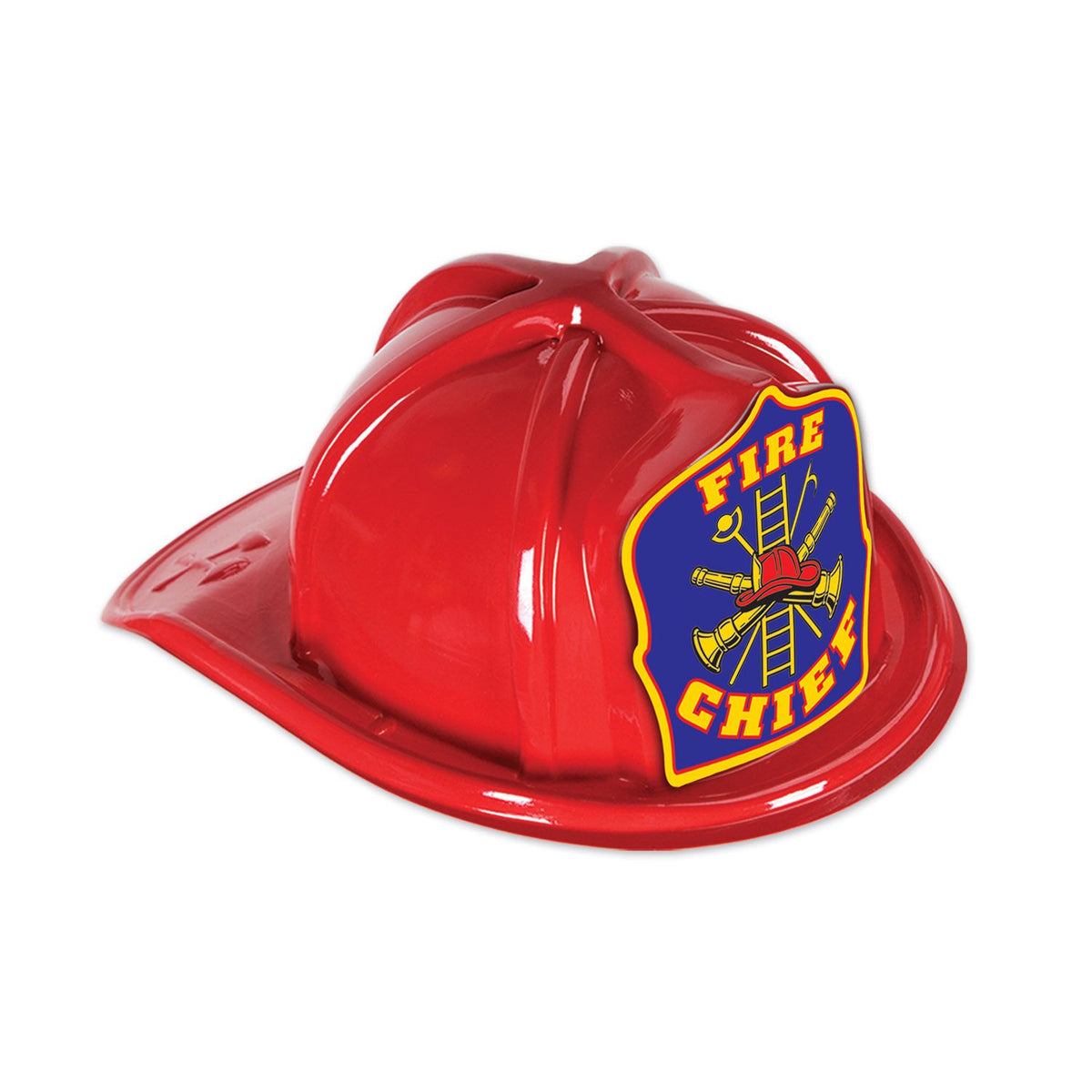 Red Plastic Fire Chief Hat- Blue shield medium head size; elastic attached