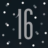 16th Birthday Luncheon Napkins – Glitz Black & Silver Party Napkins (16ct) | Stylish Disposable Tableware for Sweet 16 or Boys’ 16th Birthday Parties