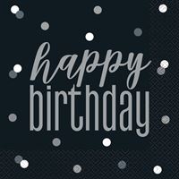 Happy Birthday Luncheon Napkins – Glitz Black & Silver Party Napkins (16ct) | Stylish Disposable Tableware for Adult Birthday Celebrations