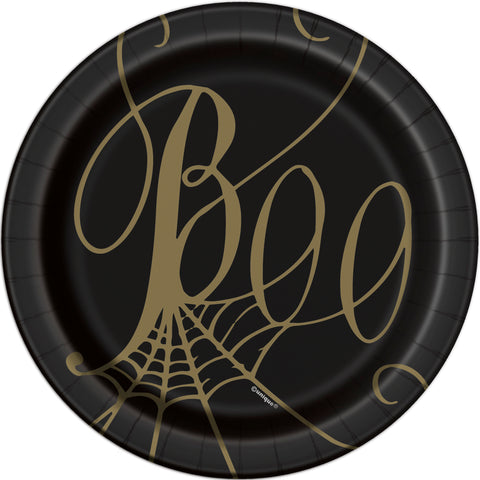 Black & Gold Spider Web “Boo” Round 7" Dessert Plates  8ct