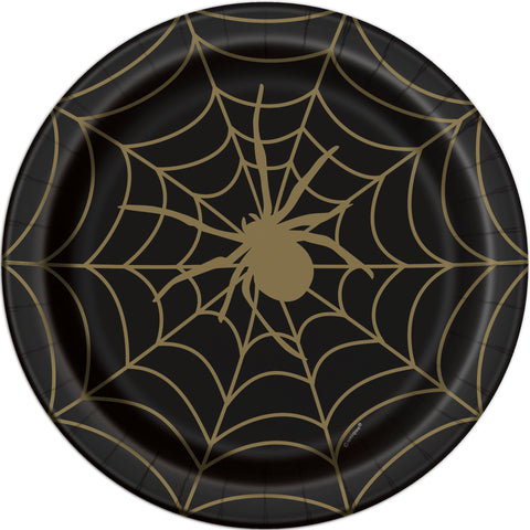 Black & Gold Spider Web Round 9” Dinner Plates  8ct
