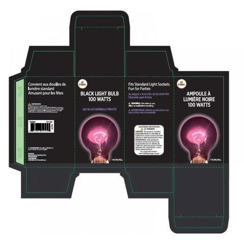 Retail packaging for a 100-Watt Black Light Bulb, showing the packaged product and product labeling in Manahawkin NJ at Party Fair